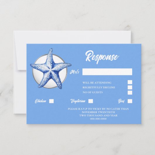 Zeesterren blauw wit zilver kust chique reactie RSVP kaartje (Voorkant)