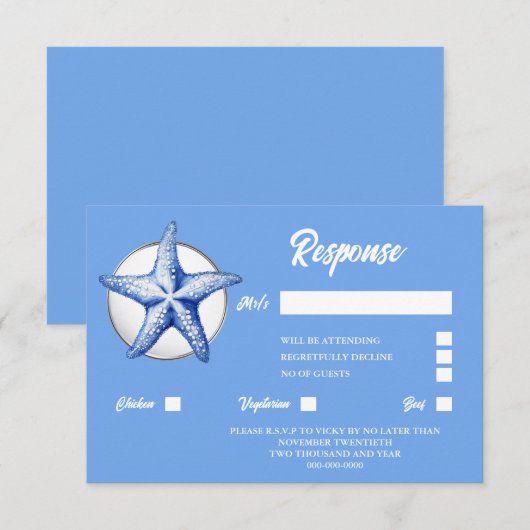 Zeesterren blauw wit zilver kust chique reactie RSVP kaartje (Voorkant / Achterkant)