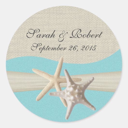 Zeesterren & Burlap Aqua Ronde Sticker (Voorkant)
