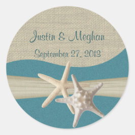 Zeesterren & Burlap Blauwgroen strand Ronde Sticker
