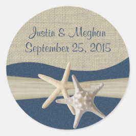 Zeesterren & Burlap Navy Blue Beach Ronde Sticker