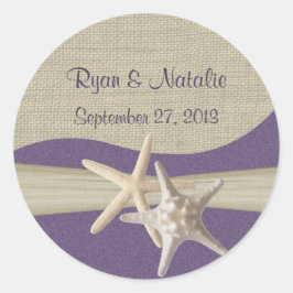 Zeesterren & Burlap Paarse strand Ronde Sticker