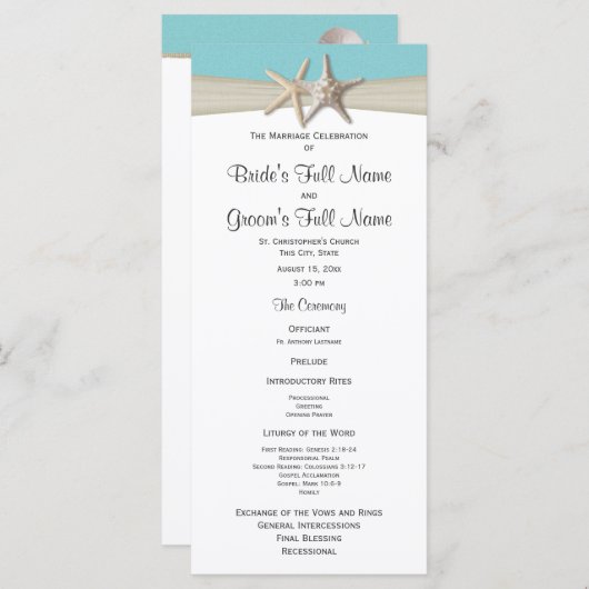 Zeesterren en Burlap Aqua Beach Programmakaart (Voorkant / Achterkant)