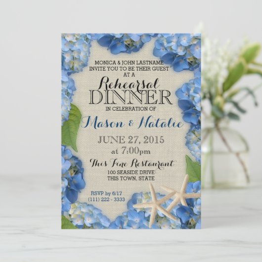 Zeesterren en hortensia's strand repetitie diner kaart (Staand voorkant)