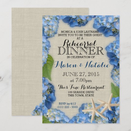 Zeesterren en hortensia's strand repetitie diner kaart (Voorkant / Achterkant)