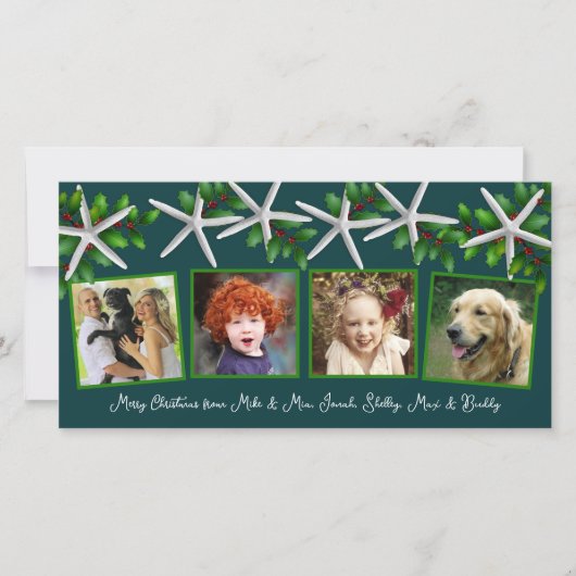 Zeesterren en hulst vier foto familie kerstkaart (Voorkant)