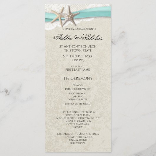 Zeesterren en Kant bruiloft programma Programmakaart (Voorkant)