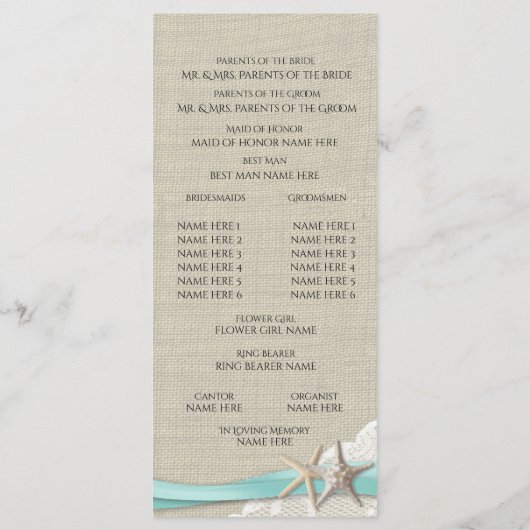 Zeesterren en Kant bruiloft programma Programmakaart (Achterkant)