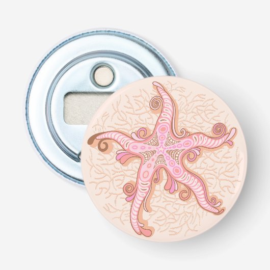 Zeesterren en koraalroze pastelpatroon button flesopener (Voorkant)