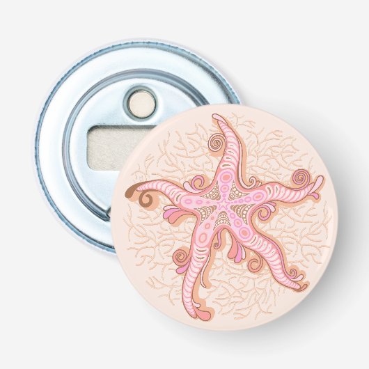 Zeesterren en koraalroze pastelpatroon button flesopener (Voorkant)