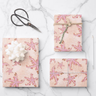 Zeesterren en koraalroze pastelpatroon inpakpapier vel