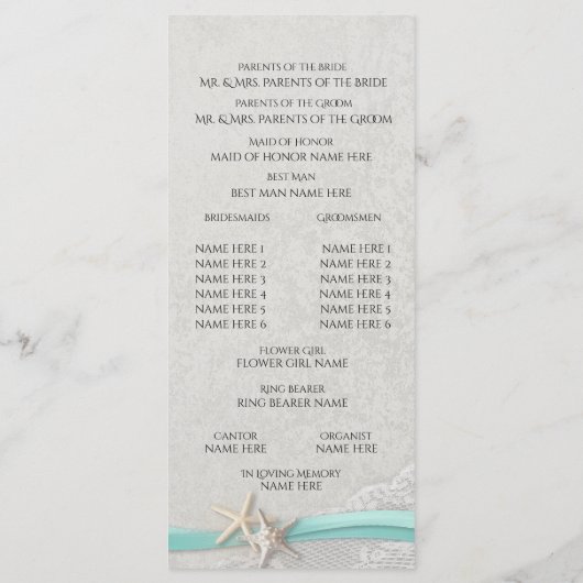 Zeesterren en Lace Grey huwelijksprogramma Programmakaart (Achterkant)
