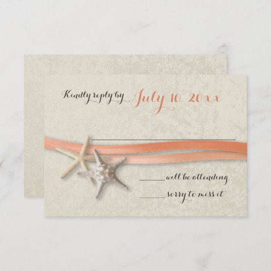 Zeesterren en lint Coral Beach Response RSVP Kaartje (Voorkant / Achterkant)