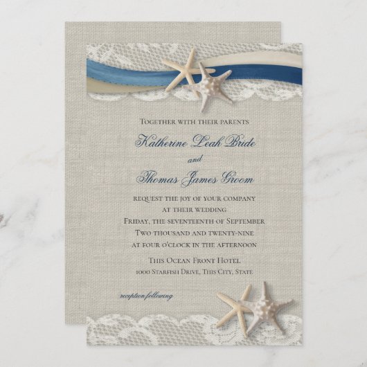 Zeesterren en lint strand marine blauw en champagn kaart (Voorkant / Achterkant)