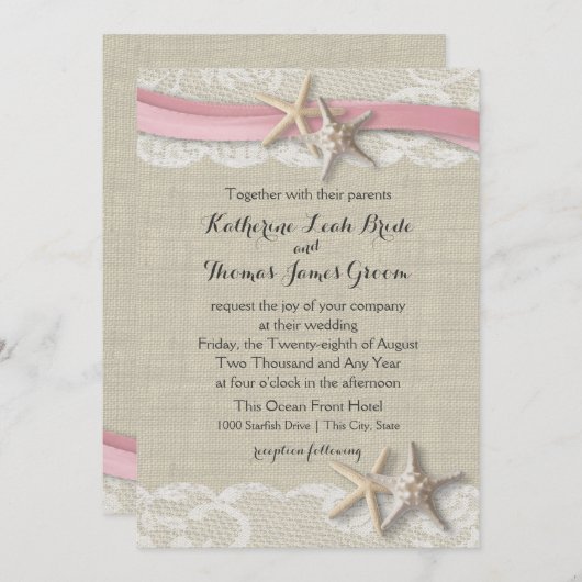 Zeesterren en lint strand roze kaart (Voorkant / Achterkant)