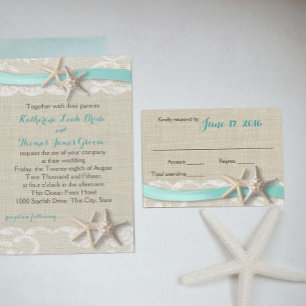 Zeesterren en Ribbon Beach Aqua RSVP Kaartje