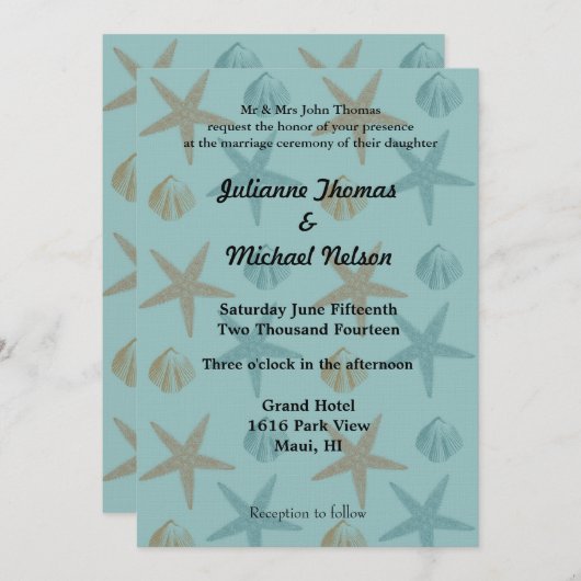 Zeesterren en schelpen strand bruiloft kaart (Voorkant / Achterkant)