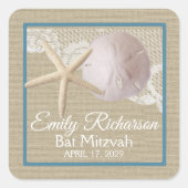 Zeesterren en Zanddollar Burlap Beach Bat Mitzvah Vierkante Sticker (Voorkant)