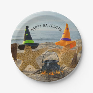 zeesterren heksen met bezems op het strand papieren bordje