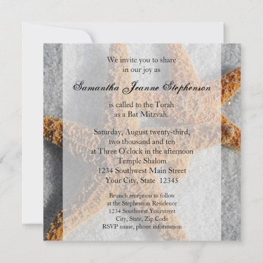 Zeesterren in het Zand Bat Mitzvah Kaart (Achterkant)