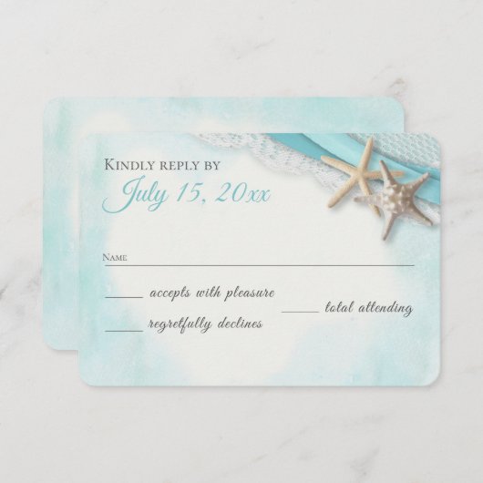  zeesterren kant en Ocean Blue Lint RSVP Kaartje (Voorkant / Achterkant)
