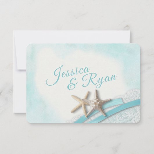  zeesterren kant en Ocean Blue Lint RSVP Kaartje (Achterkant)