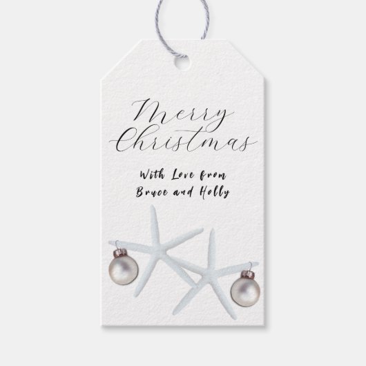 Zeesterren Kerst Wit Stropdas op Gift Labels Cadeaulabel (Voorkant)