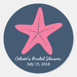 Zeesterren Nautische Ronde Sticker, Navy Blue Roze Sticker
