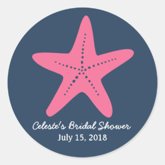 Zeesterren Nautische Ronde Sticker, Navy Blue Roze Sticker