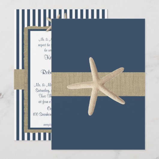 Zeesterren Navy Blue Stripes Beach Wedding Kaart (Voorkant / Achterkant)