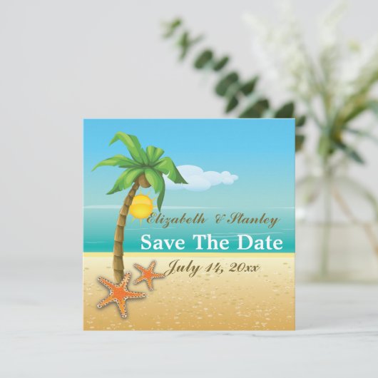 Zeesterren op het strand bruiloft Save the Date (Staand voorkant)