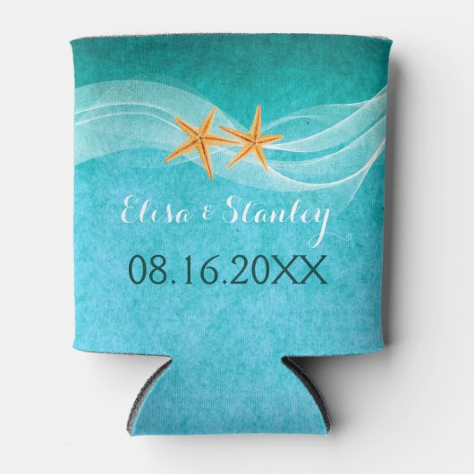Zeesterren paar en sluier turquoise strand bruilof blikjeskoeler (Voorkant)