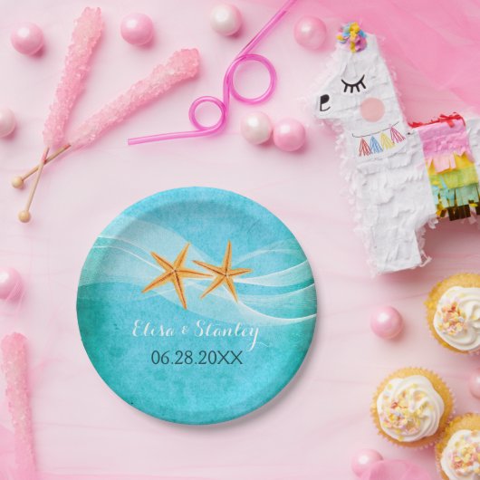 Zeesterren paar en sluier turquoise strand bruilof papieren bordje (Feest)