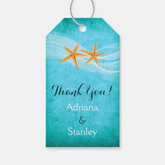 Zeesterren paar & sluier strand bruiloft Dank u Cadeaulabel (Voorkant)