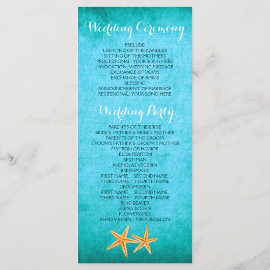 Zeesterren paar & sluier strand bruiloft programma programmakaart (Achterkant)