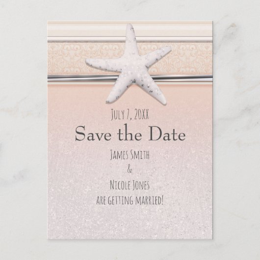 Zeesterren Peach & Cream Beach Bruiloft Save the D Aankondigingskaart (Voorkant)