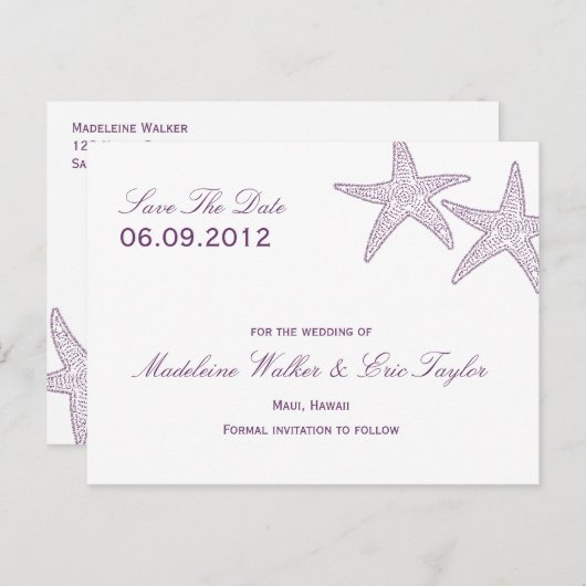 Zeesterren Save The Date Briefkaart - Paarse (Voorkant / Achterkant)