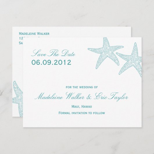 Zeesterren Save The Date Briefkaart - Turquoise (Voorkant / Achterkant)