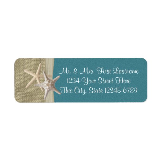 Zeesterren Strand en Burlap Blauwgroen Etiket (Voorkant)
