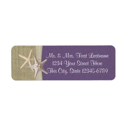 Zeesterren Strand en Burlap Paarse Etiket (Voorkant)