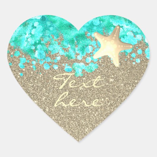 Zeesterren strand zand oceaan water goud turquoise hart sticker (Voorkant)