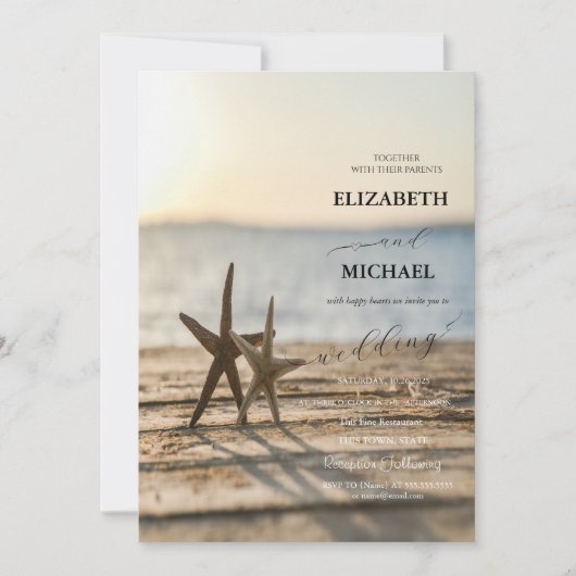 Zeesterren Zand Strand Script Bruiloft Kaart (Voorkant)