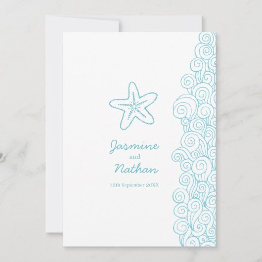 Zeesterren zee werveling aqua wit strand bruiloft kaart (Voorkant)