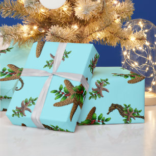 Zeesterren Zeepaarden Patroon Lichtblauw Kerstmis Cadeaupapier