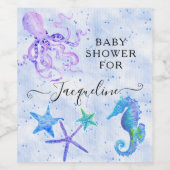 Zeesterren Zeepaardje Octopus Blauw Baby shower Wijn Etiket (Enkel label)