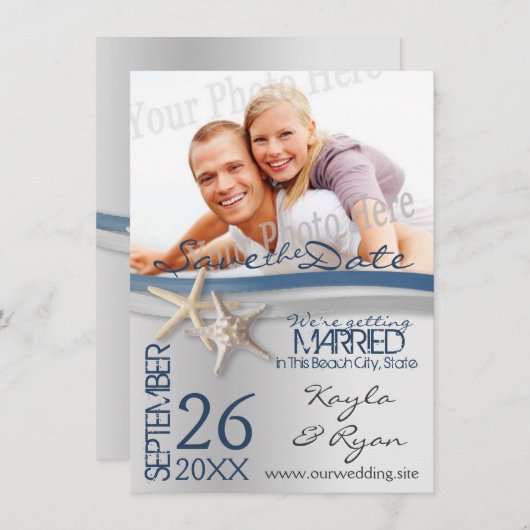 Zeesterren Zilver en Blauw Lint Save the Date (Voorkant / Achterkant)