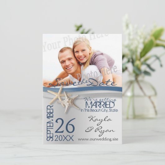 Zeesterren Zilver en Blauw Lint Save the Date (Staand voorkant)