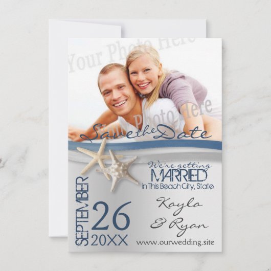 Zeesterren Zilver en Blauw Lint Save the Date (Voorkant)