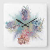 Zeestrand onder Zee Waterverf Art Seahorse Vierkante Klok (Voorkant)