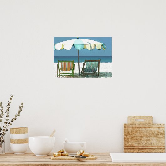 Zeestrand, stoelen en paraplu's poster (Keuken)